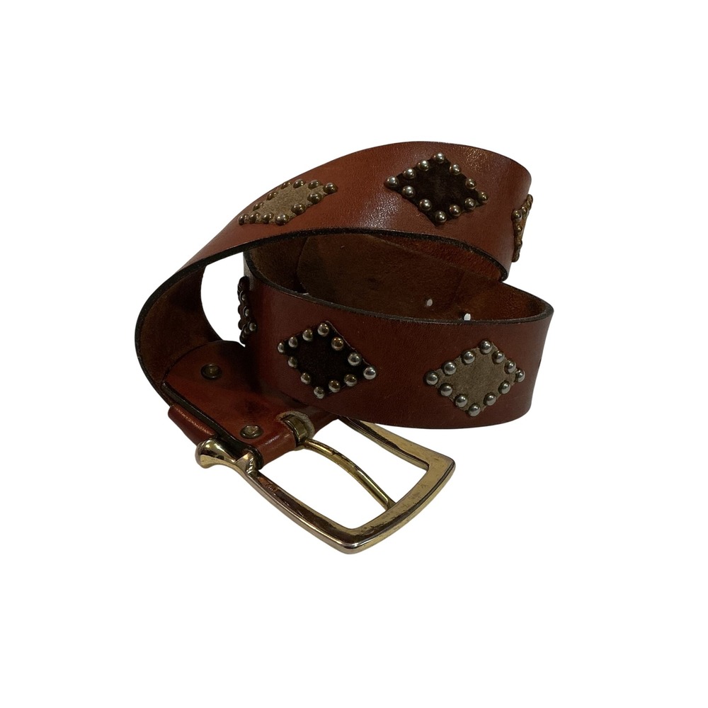 Brown Leather Studded Diamond Suede Inlay Western Boho Belt Gold Buckle
